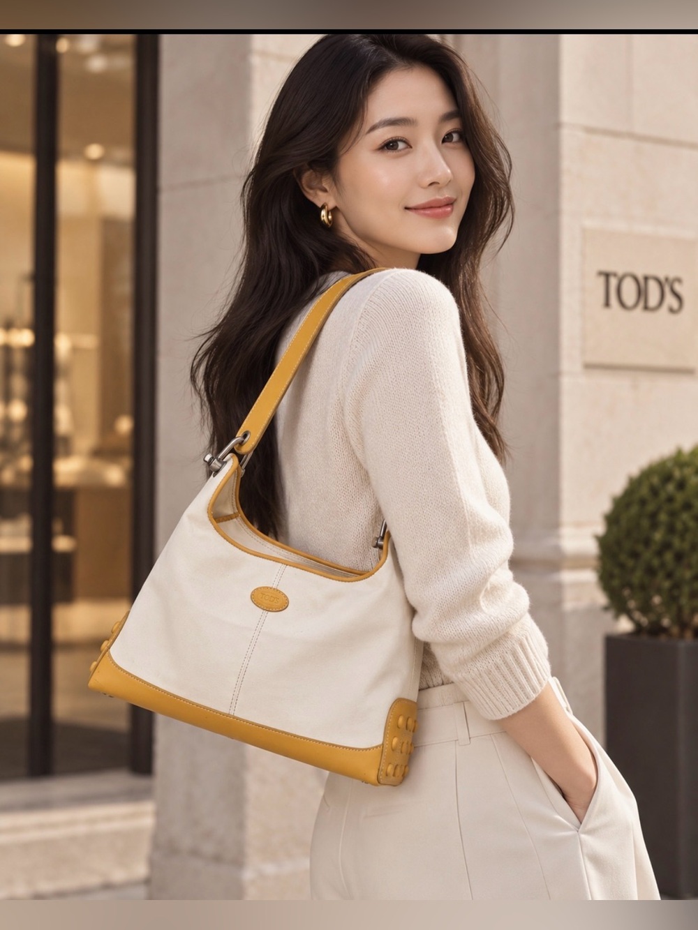 Tod's Cream Canvas Shoulder Bag with Mustard Trim